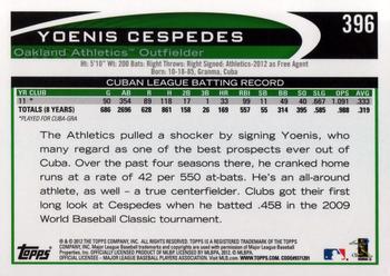 2012 Topps #396 Yoenis Cespedes Back