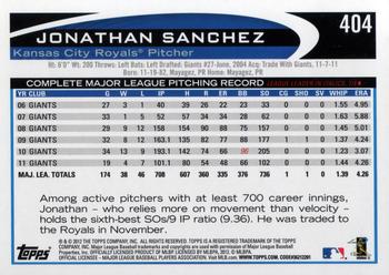 2012 Topps #404 Jonathan Sanchez Back