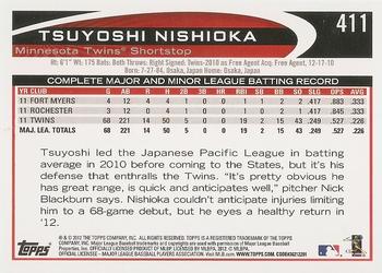 2012 Topps #411 Tsuyoshi Nishioka Back