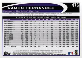 2012 Topps #476 Ramon Hernandez Back