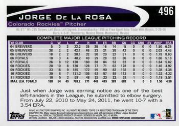 2012 Topps #496 Jorge De La Rosa Back
