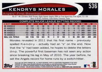 2012 Topps #536 Kendrys Morales Back