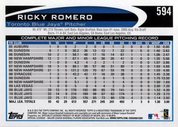 2012 Topps #594 Ricky Romero Back