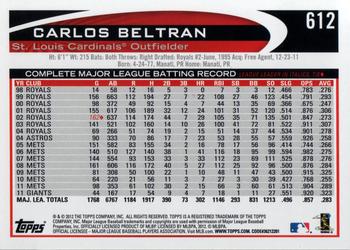 2012 Topps #612 Carlos Beltran Back