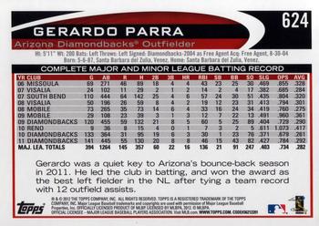 2012 Topps #624 Gerardo Parra Back
