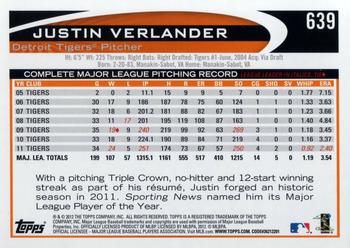 2012 Topps #639 Justin Verlander Back