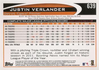 2012 Topps #639 Justin Verlander Back