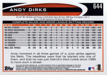 2012 Topps #644 Andy Dirks Back