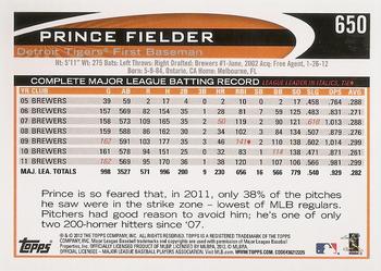 2012 Topps #650 Prince Fielder Back
