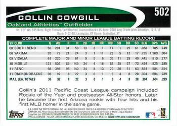 2012 Topps #502 Collin Cowgill Back