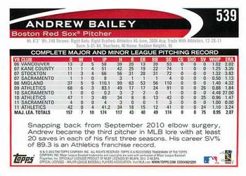 2012 Topps #539 Andrew Bailey Back
