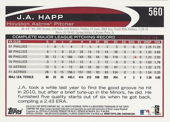 2012 Topps #560 J.A. Happ Back