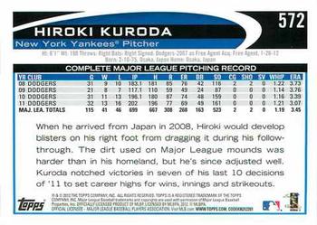 2012 Topps #572 Hiroki Kuroda Back