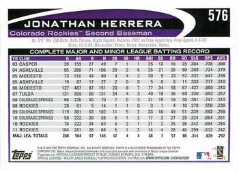 2012 Topps #576 Jonathan Herrera Back