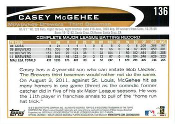 2012 Topps - Gold Sparkle #136 Casey McGehee Back