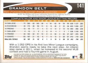 2012 Topps - Gold Sparkle #141 Brandon Belt Back