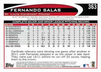 2012 Topps - Gold Sparkle #363 Fernando Salas Back