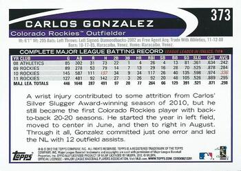 2012 Topps - Gold Sparkle #373 Carlos Gonzalez Back