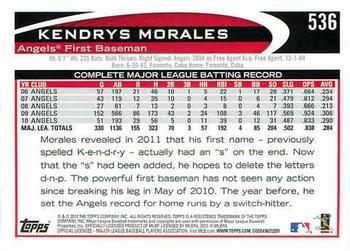 2012 Topps - Gold Sparkle #536 Kendrys Morales Back