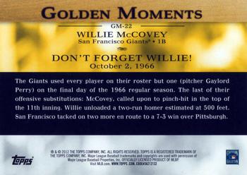 2012 Topps - Golden Moments (Series 1) #GM-22 Willie McCovey Back