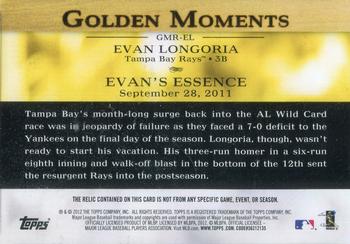 2012 Topps - Golden Moments Relics #GMR-EL Evan Longoria Back