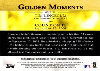 2012 Topps - Golden Moments Relics #GMR-TL Tim Lincecum Back