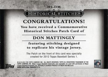 2012 Topps - Historical Stitches #HS-DM Don Mattingly Back