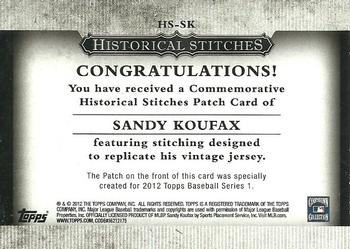 2012 Topps - Historical Stitches #HS-SK Sandy Koufax Back