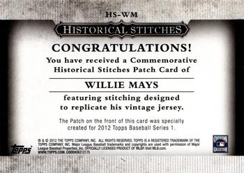 2012 Topps - Historical Stitches #HS-WM Willie Mays Back