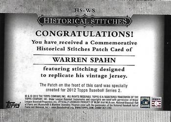 2012 Topps - Historical Stitches #HS-WS Warren Spahn Back