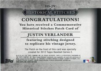 2012 Topps - Historical Stitches #HS-JV Justin Verlander Back