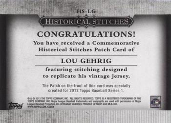 2012 Topps - Historical Stitches #HS-LG Lou Gehrig Back