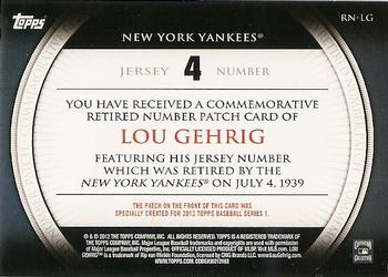 2012 Topps - Retired Number Patches #RN-LG Lou Gehrig Back