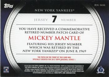 2012 Topps - Retired Number Patches #RN-MM Mickey Mantle Back