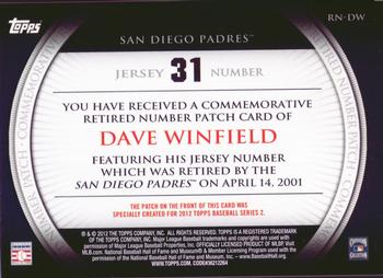 2012 Topps - Retired Number Patches #RN-DW Dave Winfield Back