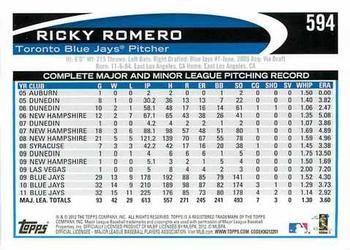 2012 Topps - Red #594 Ricky Romero Back