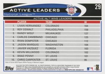 2012 Topps - Blue #29 Active NL Wins Leaders (Livan Hernandez / Roy Oswalt / Randy Wolf) Back