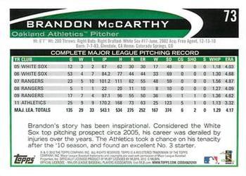 2012 Topps - Blue #73 Brandon McCarthy Back