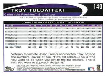 2012 Topps - Blue #140 Troy Tulowitzki Back
