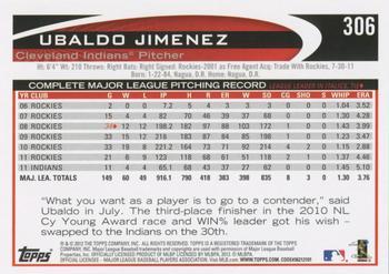 2012 Topps - Blue #306 Ubaldo Jimenez Back