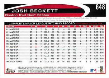 2012 Topps - Blue #648 Josh Beckett Back