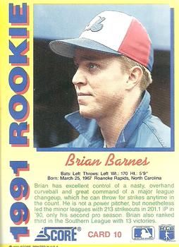 1991 Score Rookies #10 Brian Barnes Back