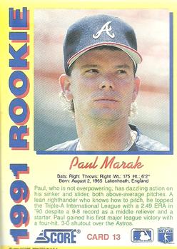 1991 Score Rookies #13 Paul Marak Back