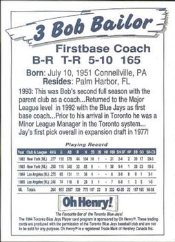 1994 Oh Henry! Toronto Blue Jays SGA #NNO Bob Bailor Back