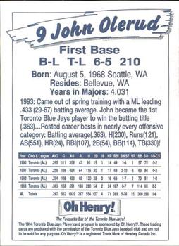 1994 Oh Henry! Toronto Blue Jays SGA #NNO John Olerud Back