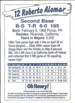 1994 Oh Henry! Toronto Blue Jays SGA #NNO Roberto Alomar Back