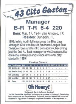 1994 Oh Henry! Toronto Blue Jays SGA #NNO Cito Gaston Back