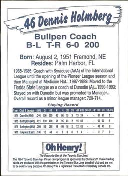 1994 Oh Henry! Toronto Blue Jays SGA #NNO Dennis Holmberg Back