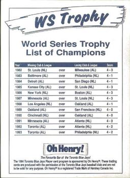 1994 Oh Henry! Toronto Blue Jays SGA #NNO World Series Trophy Back