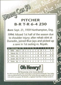 1995 Oh Henry! Toronto Blue Jays SGA #NNO Danny Cox Back